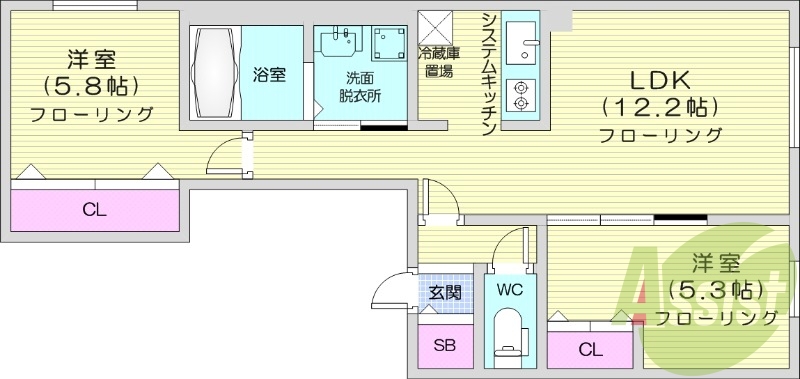2LDK、エアコン、都市ガス、浴室乾燥機