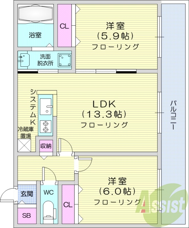 2LDK、エアコン、都市ガス、浴室乾燥機