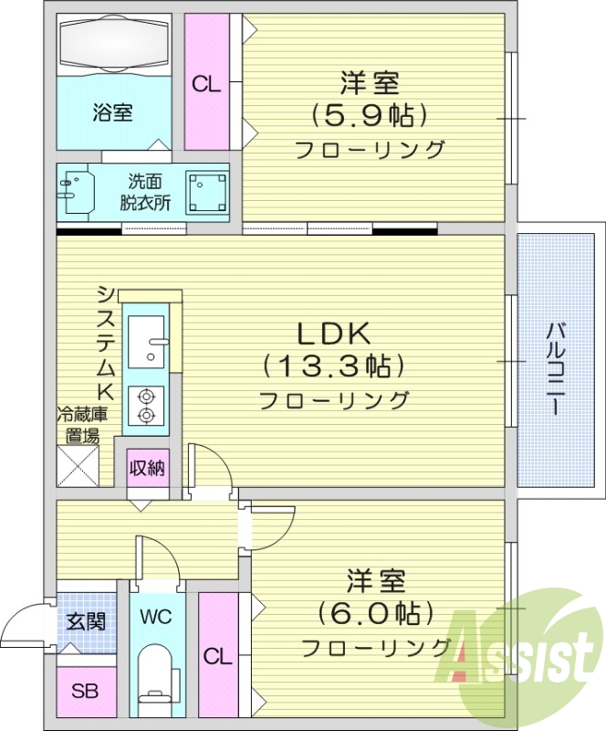 2LDK、エアコン、都市ガス、浴室乾燥機