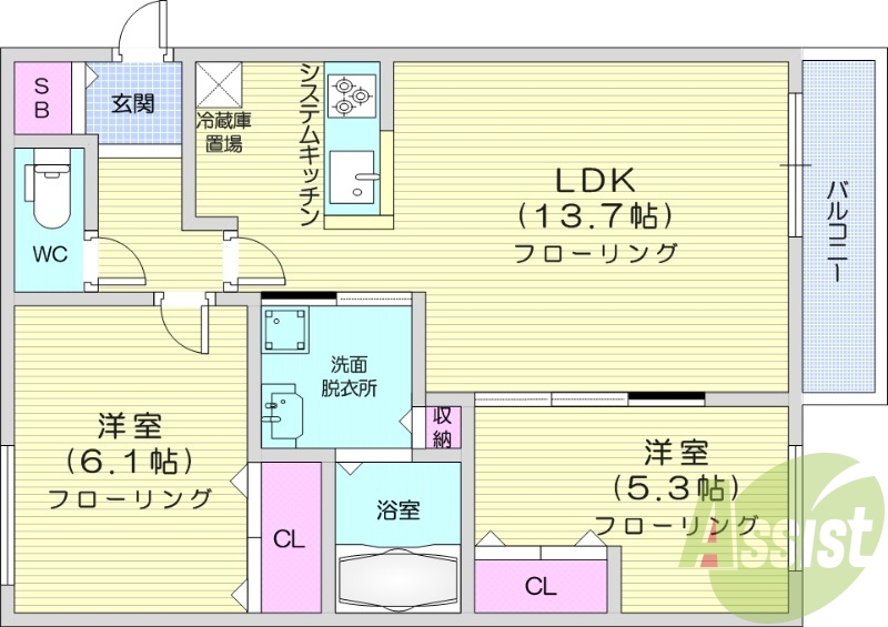 2LDK、エアコン、都市ガス、浴室乾燥機