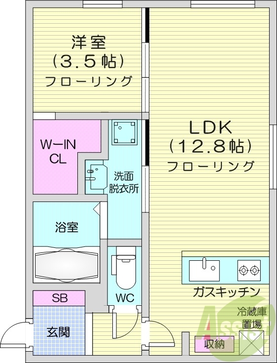 1LDK、都市ガス、エアコン、システムキッチン