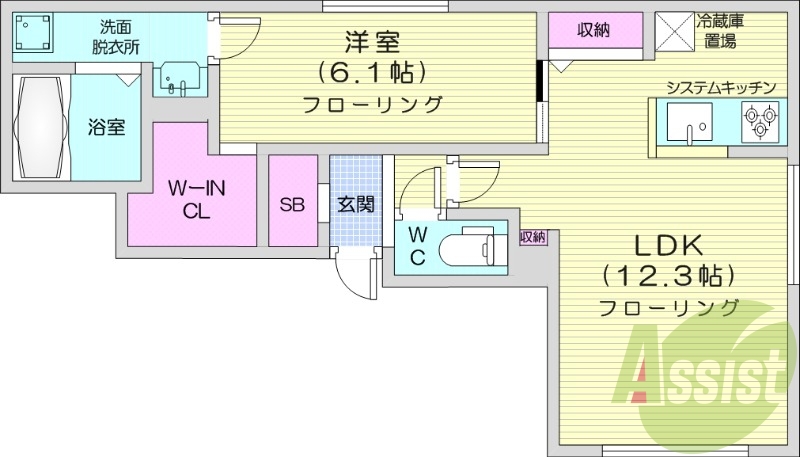 1LDK、都市ガス、エアコン、システムキッチン