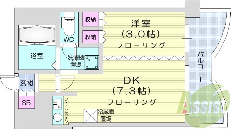 1DK、洗面脱衣所、押入、クローゼット、システムキッチン