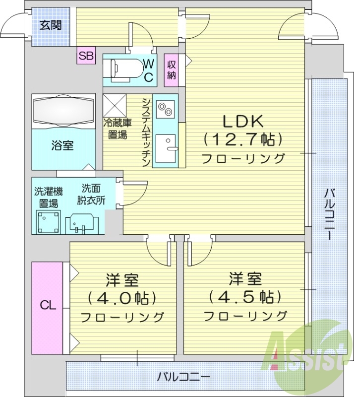 2LDK、システムキッチン、ウォシュレット