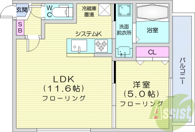 1LDK、収納、洗濯機置場、暖房設備、都市ガス