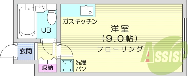 1R、都市ガス、オートロック、室内洗濯機置き場、収納
