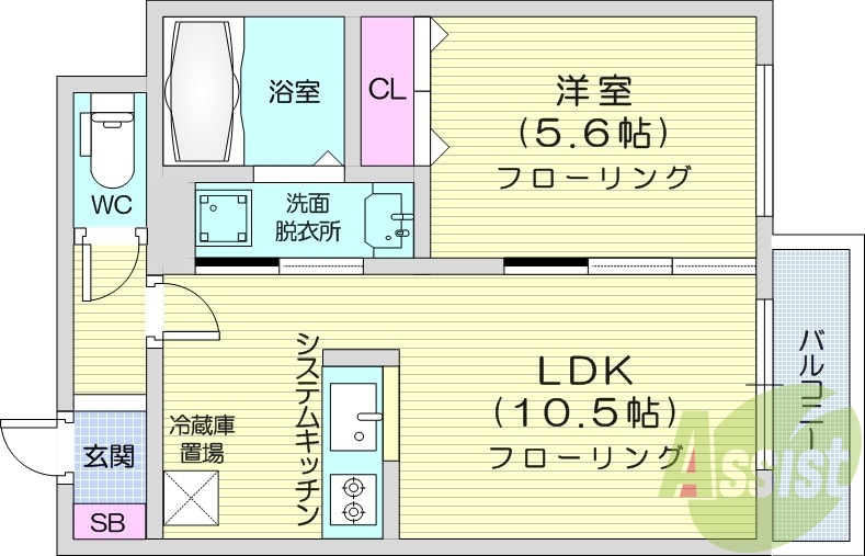 1LDK、都市ガス、システムキッチン、エアコン