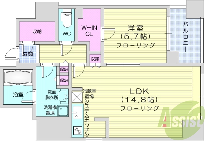 1LDK、眺望良好、バルコニー、システムキッチン