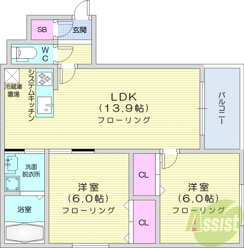 2LDK、エアコン、システムキッチン、追い焚き