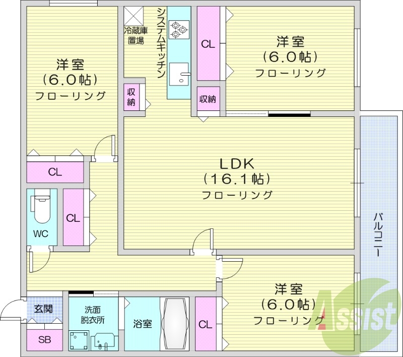 3LDK、都市ガス、エアコン、システムキッチン、追い焚き