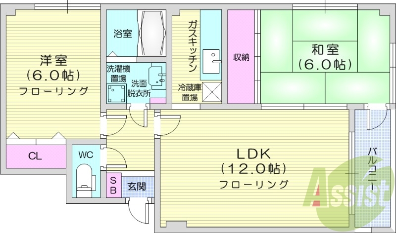 2LDK、トランクルーム、灯油暖房、バルコニー