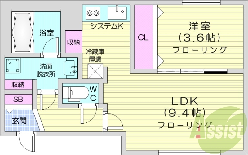 1LDK、システムキッチン、エアコン、ネット無料