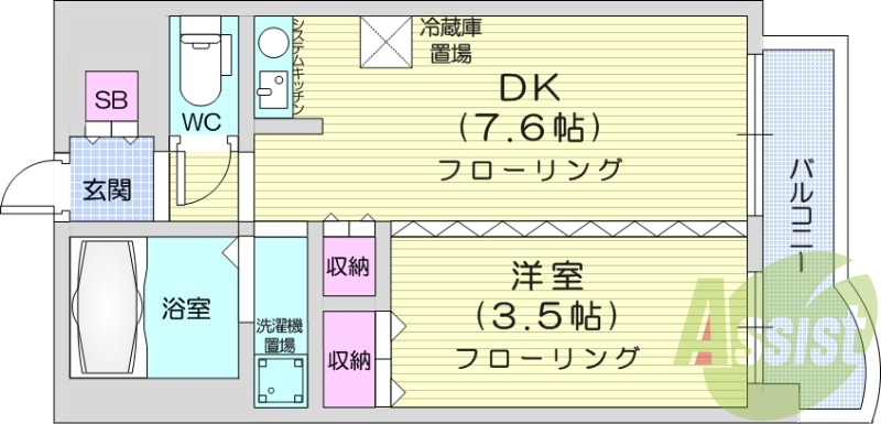 1DK、洗面脱衣所、押入、クローゼット、システムキッチン