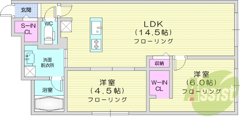 2LDK、都市ガス、浴室乾燥機、システムキッチン