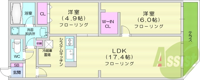 2LDK、都市ガス、浴室乾燥機、システムキッチン