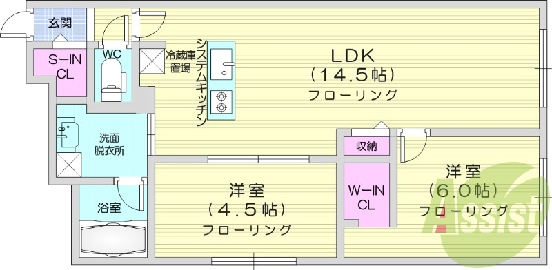 2LDK、都市ガス、浴室乾燥機、システムキッチン