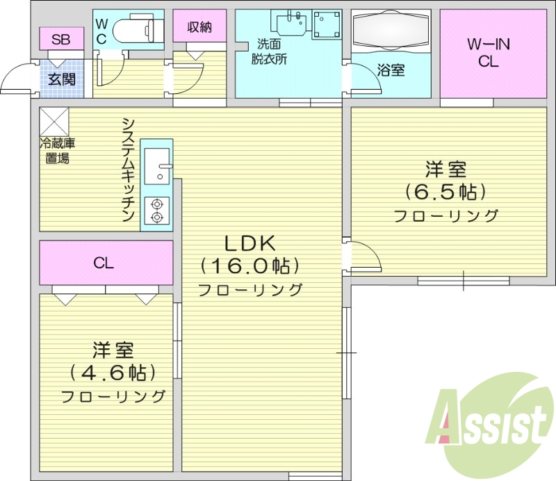 2LDK、都市ガス、浴室乾燥機、システムキッチン