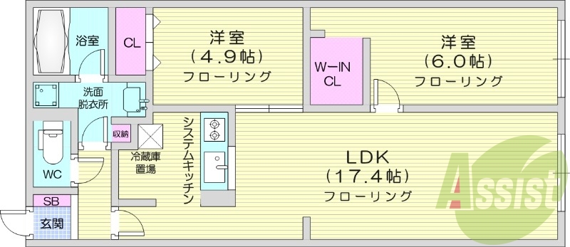 2LDK、都市ガス、浴室乾燥機、システムキッチン