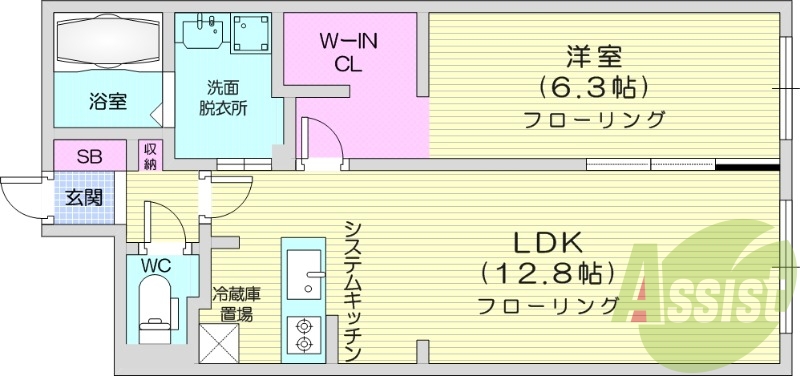 1LDK、都市ガス、浴室乾燥機、システムキッチン