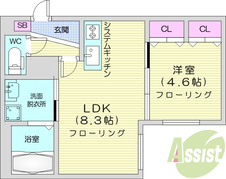 1LDK、エアコン、浴室乾燥機、システムキッチン