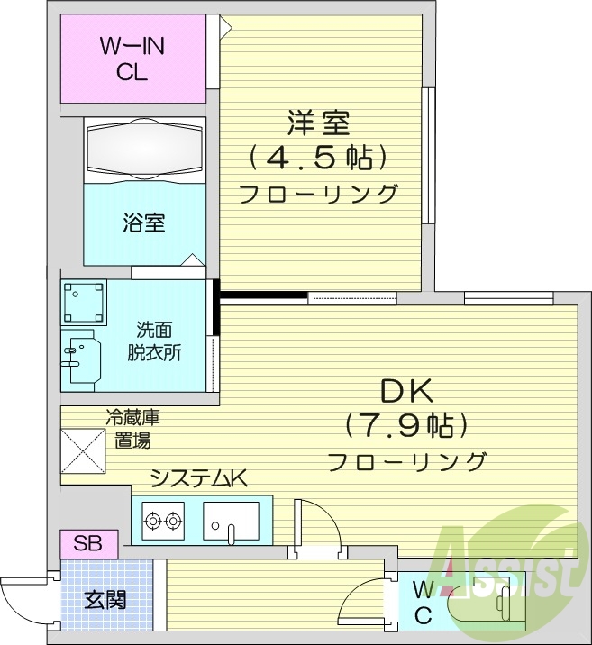1LDK、エアコン、浴室乾燥機、システムキッチン