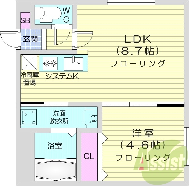 1LDK、エアコン、浴室乾燥機、システムキッチン