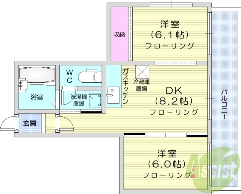 2DK、シャワートイレ、ガス暖房、ネット使用料不要