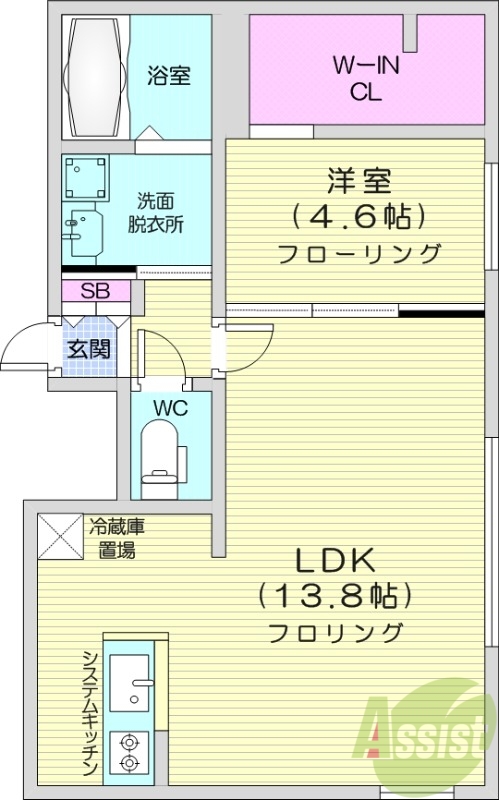 1LDK、エアコン、都市ガス、システムキッチン