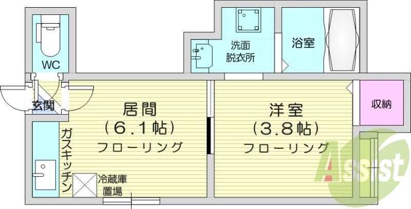 1DK、ガスキッチン、灯油暖房、独立洗面台、