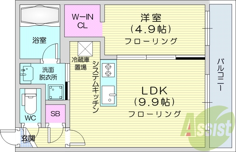 1LDK、エアコン、都市ガス、システムキッチン