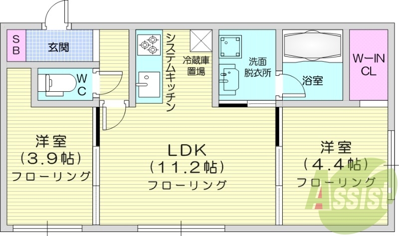 2LDK、エアコン、システムキッチン、独立洗面台