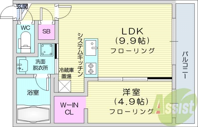 1LDK、エアコン、都市ガス、システムキッチン