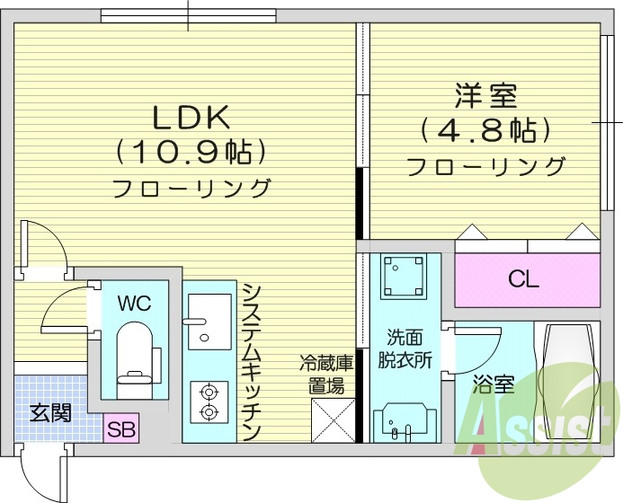 1LDK、エアコン、システムキッチン、独立洗面台