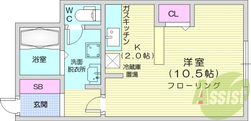 1K、エアコン、独立洗面台、ガスキッチン