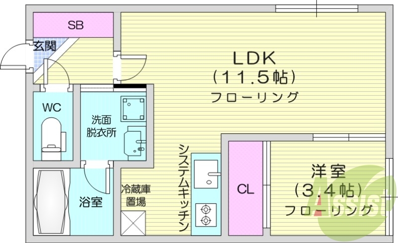 1LDK、エアコン、システムキッチン、独立洗面台