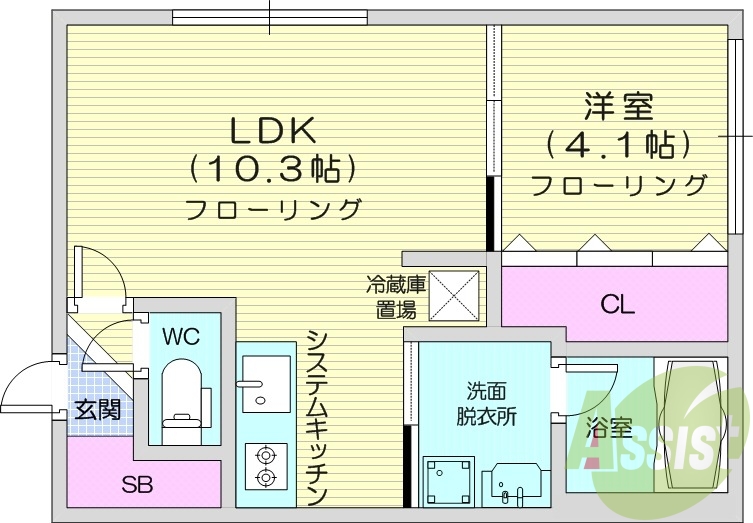 1LDK、エアコン、システムキッチン、独立洗面台