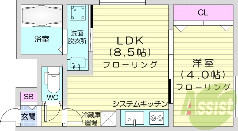 1LDK、エアコン、浴室乾燥機、システムキッチン、ネット無料