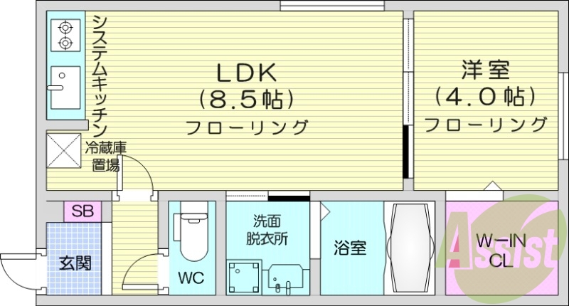 1LDK、エアコン、浴室乾燥機、システムキッチン、ネット無料