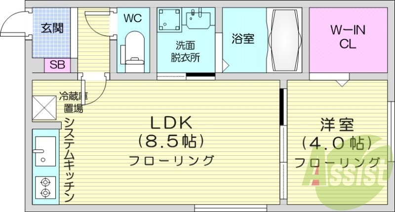 1LDK、エアコン、浴室乾燥機、システムキッチン、ネット無料