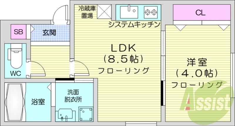 1LDK、エアコン、浴室乾燥機、システムキッチン、ネット無料