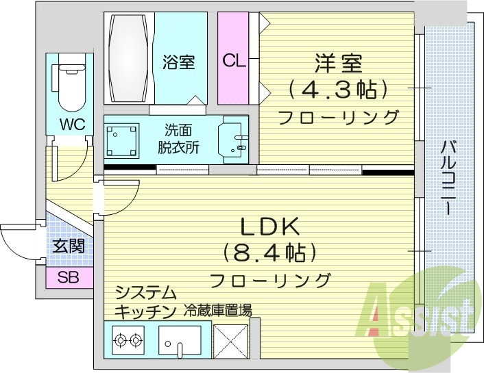1LDK、都市ガス、エアコン、システムキッチン、ネット無料