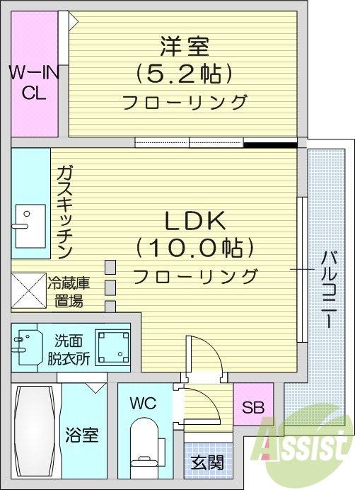 1LDK、バストイレ別、オートロック、灯油暖房