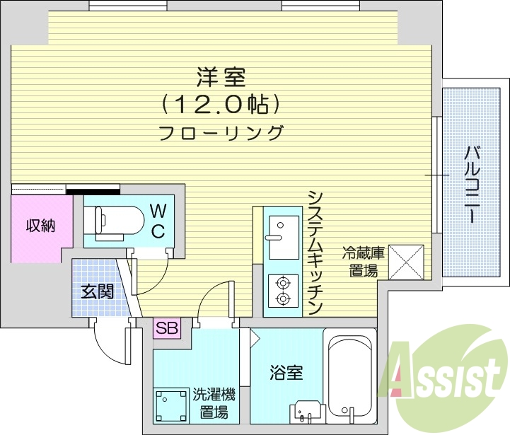 1K、エアコン、灯油暖房、洗面台、システムキッチン