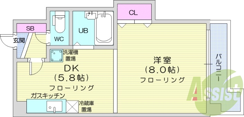 1DK、ガス給湯、ガス暖房、洗面台、シャワートイレ、