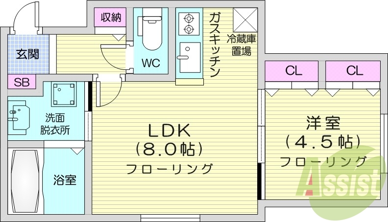 1LDK、灯油暖房、独立洗面台、システムキッチン、