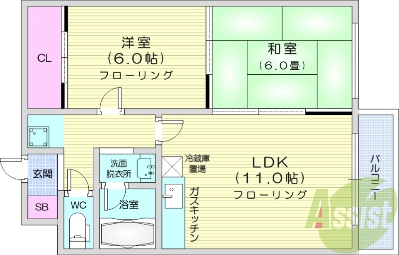 2LDK、角部屋、灯油暖房、バルコニー、エレベーター