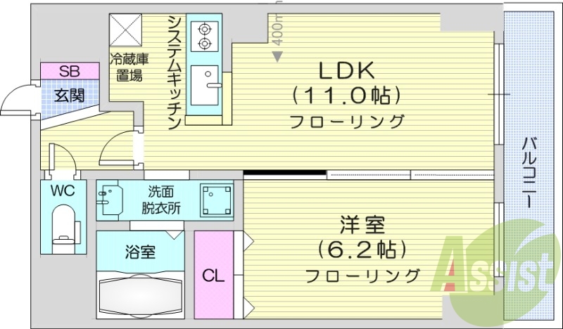 1LDK、システムキッチン、洗髪洗面化粧台