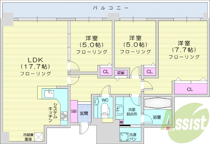 3LDK、都市ガス、ペット飼育可能、無料駐車場