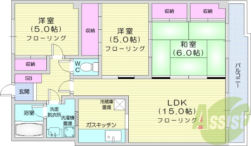 3LDK、ガス暖房、独立洗面台、風呂トイレ別