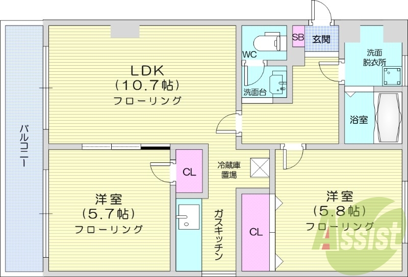 2LDK、都市ガス、独立洗面台、ガスキッチン